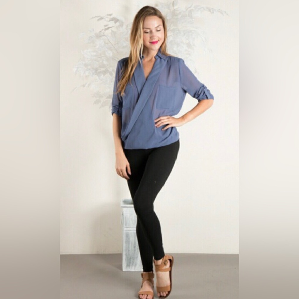 Cutout Back Slate Blue Sheer Blouse- Size Small NWT - Picture 2 of 3